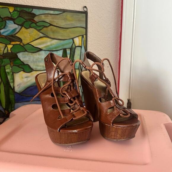 guess wood platform brown heels shoes - Picture 1 of 5